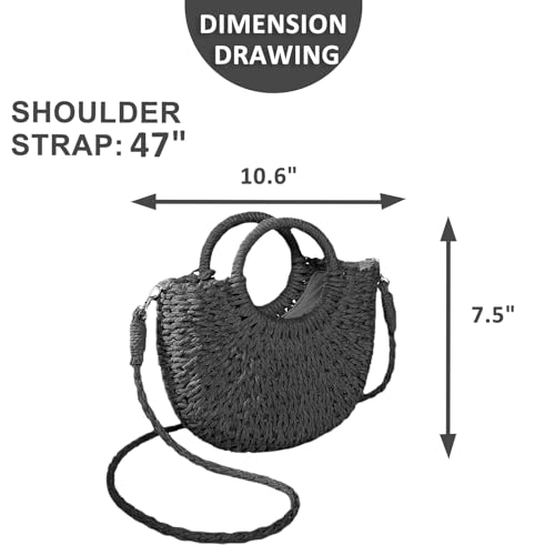 QTKJ Mini Semi-circle Rattan Straw Bag, Hand-woven Women Summer Retro Beach Tote Shoulder Bag Crossbody Travel Beach Bag (BLACK) - Image 2