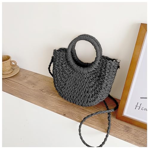 QTKJ Mini Semi-circle Rattan Straw Bag, Hand-woven Women Summer Retro Beach Tote Shoulder Bag Crossbody Travel Beach Bag (BLACK) - Image 5