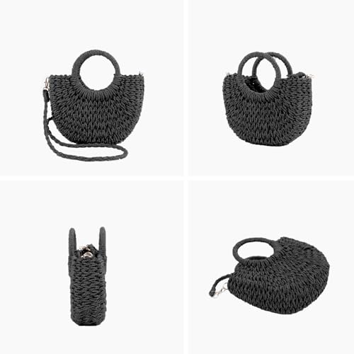 QTKJ Mini Semi-circle Rattan Straw Bag, Hand-woven Women Summer Retro Beach Tote Shoulder Bag Crossbody Travel Beach Bag (BLACK) - Image 3