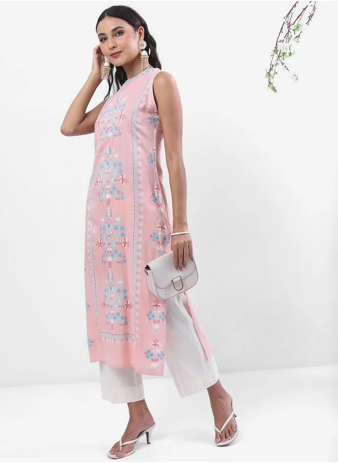فيشود Round Neck Floral Printed Straight Kurta by Styli