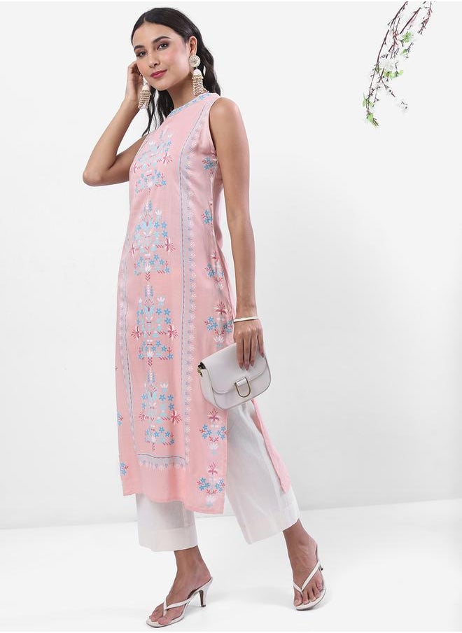 Vishudh Round Neck Floral Printed Straight Kurta by Styli  - Image 1