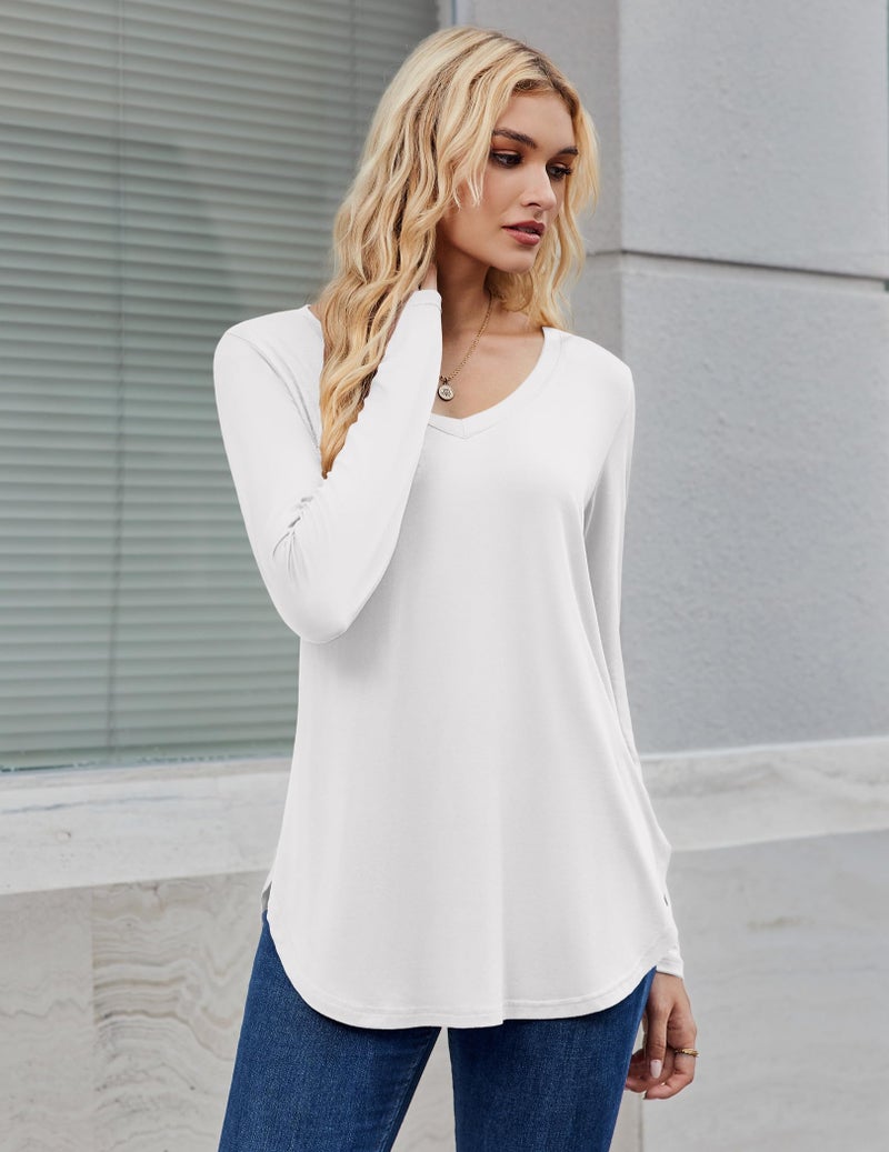 Zeagoo Long Sleeve T Shirt Women Casual V Neck Tunic Tops 2026 Fall Fashion Dressy Shirt White XL - Image 2