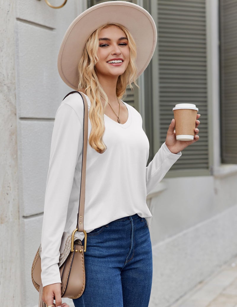 Zeagoo Long Sleeve T Shirt Women Casual V Neck Tunic Tops 2026 Fall Fashion Dressy Shirt White XL - Image 3