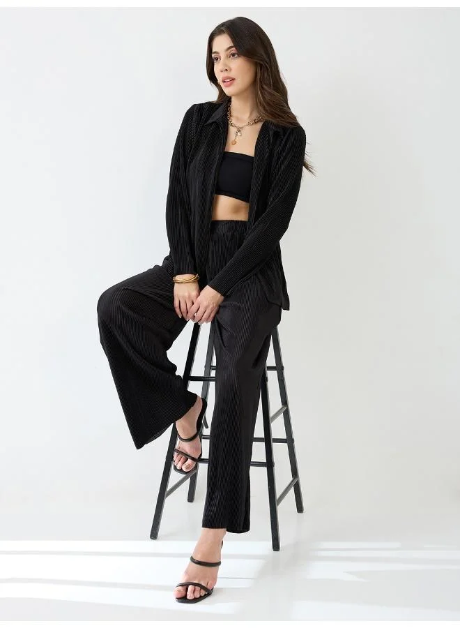 Globus Women Accordion Pleats Shirt With Elasticated Wide-Leg Trousers Plisse Co-Ord Set