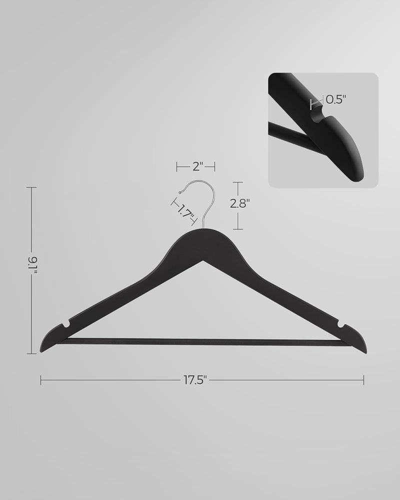 SONGMICS Set of 20 Wooden Hangers with Rubber Coating, Non-Slip Coat Hangers with Shoulder Grooves, Pants Bar, 360° Swivel Hook, for Jackets, Shirts, Black - Image 5