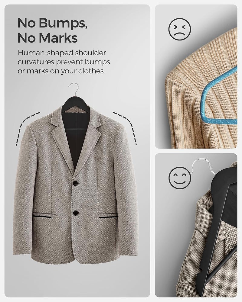 SONGMICS Set of 20 Wooden Hangers with Rubber Coating, Non-Slip Coat Hangers with Shoulder Grooves, Pants Bar, 360° Swivel Hook, for Jackets, Shirts, Black - Image 3