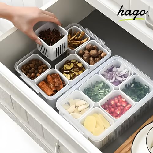 hago Refrigerator Organizer Container with 6 Grid Compartments | 1200 ML Fridge Storage Box for Vegetables & Fruits | BPA-Free Kitchen Storage Container for Fridge Organisation - Image 2