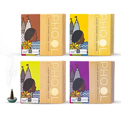 PHOOL LUXURY INCENSE Natural Incense Cones (Bundle Pack Of 4) I Special Pack Classic Fragrances - Jasmine, Patchouli, Tulsi, Vetiver I 100% Organic Dhoop Cones I Charcoal & Chemical Free - Image 1