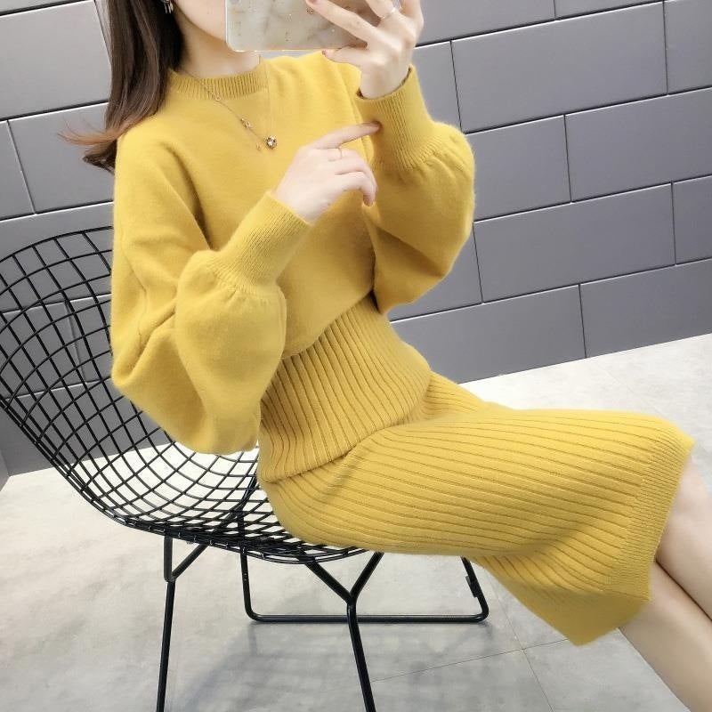 Z small early autumn matching high wool skirt suit avocado green knitted sweater suspender vest skirt two Black