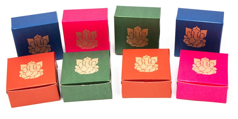 Desi Favors Ganesh Sweet Boxes for Indian Sweets, Cookies, Goodies, Mithai, Candy, Gift Boxes Handmade Bulk Mithai Box, Favor Boxes for Wedding, Pooja, 2.95x2.95x1.37 Inch (Pack of 8) - Image 1