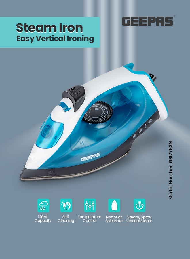 GEEPAS Multifunctional Steam Iron  With Non-Stick Soleplate, Wet/Dry Function/Temperature Control, Dry/Steam Burst/Steam/Vertical Steam/Spray Function 120 ml 1800 W GSI7783N Multicolour - Image 2