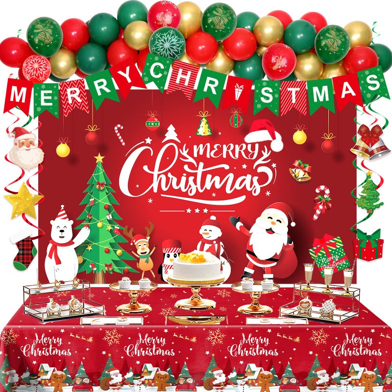 Coosilion Christmas Party Decorations Balloon Arch Garland Kit for Kids with Green Red Balloons Merry Christmas Backdrop Banner Tablecloths Hanging Swirls Pendant for XMAS Decorations Supplies - Image 3