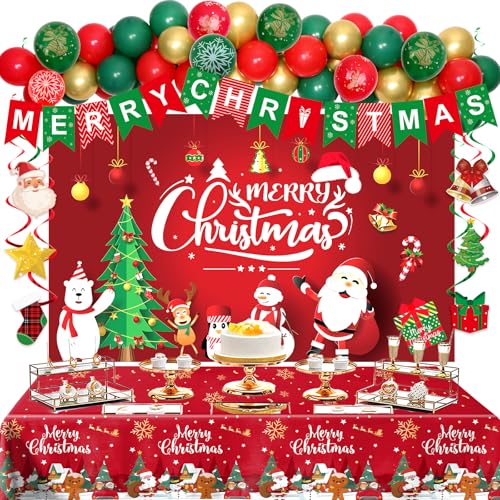 Coosilion Christmas Party Decorations Balloon Arch Garland Kit for Kids with Green Red Balloons Merry Christmas Backdrop Banner Tablecloths Hanging Swirls Pendant for XMAS Decorations Supplies - Image 1