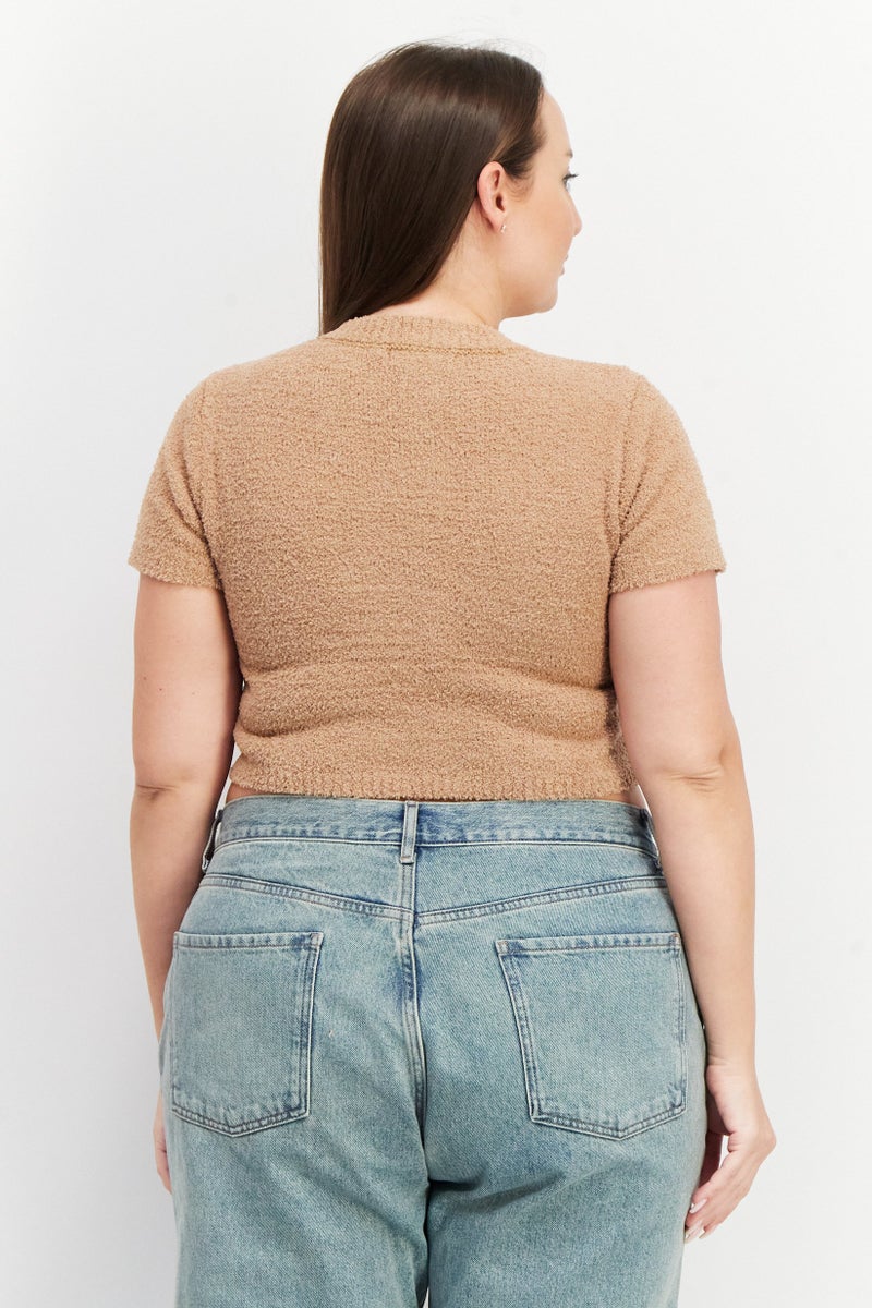 NA-KD Women Crew Neck Short Sleeve Textured Crop Top, Dark Beige - Image 3