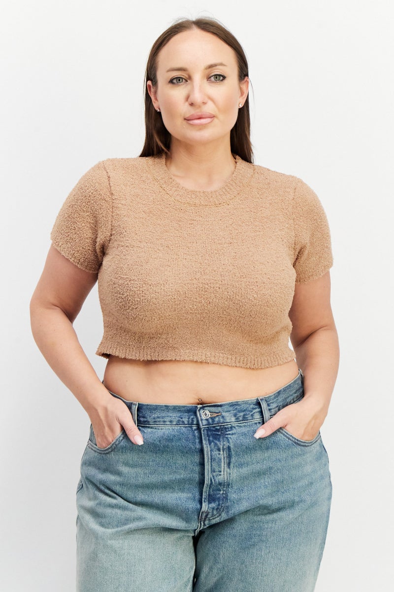 NA-KD Women Crew Neck Short Sleeve Textured Crop Top, Dark Beige - Image 1