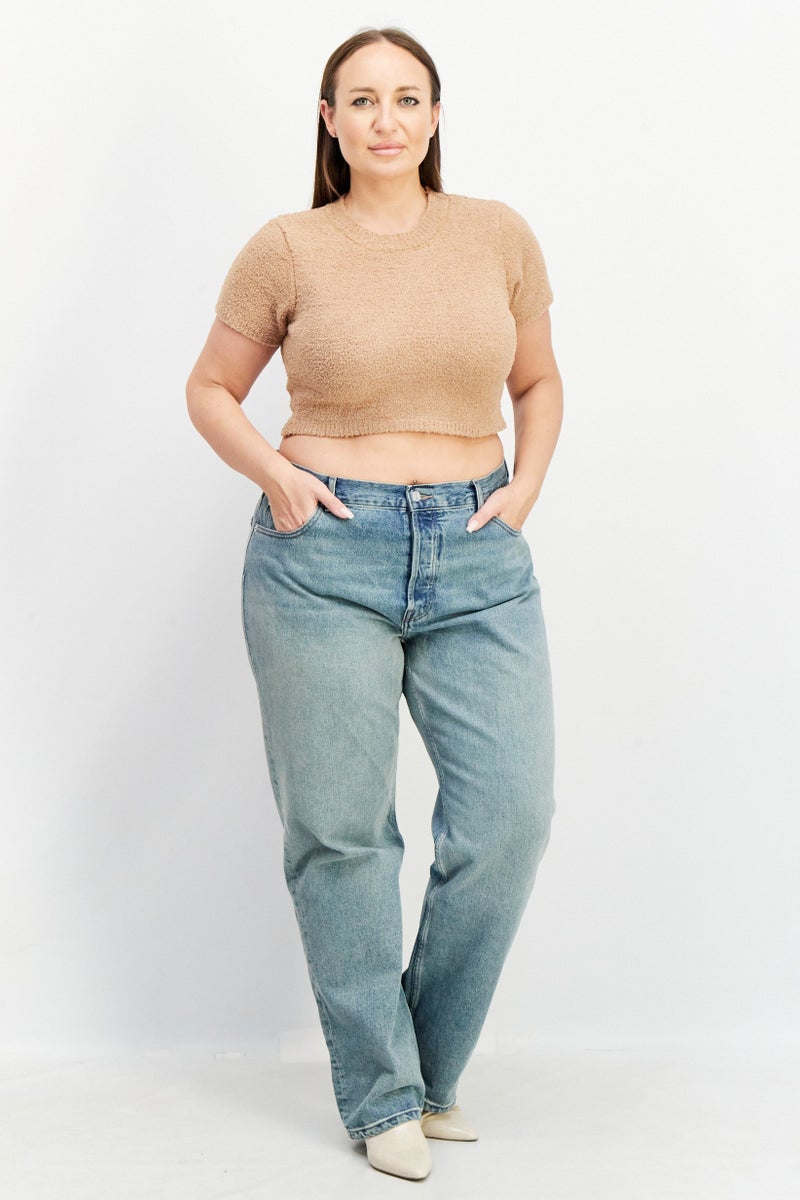 NA-KD Women Crew Neck Short Sleeve Textured Crop Top, Dark Beige - Image 2