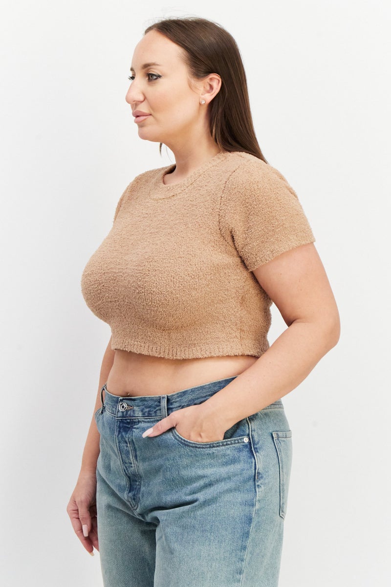 NA-KD Women Crew Neck Short Sleeve Textured Crop Top, Dark Beige - Image 4