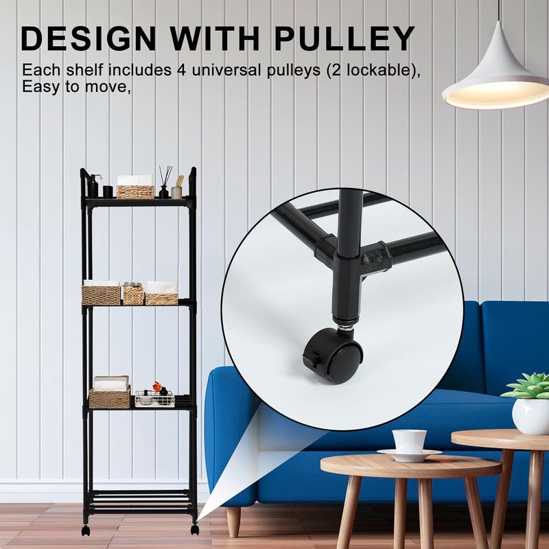 windforgecraft Kitchen Storage Shelf Standing Bakers Rack Adjustable Rolling Shelving Unit Kitchen Storage & Organisation Mobile Kitchen Rack Shelves Storage for Pantry Laundry Bathroom Kitchen (Black 4 Layers) - Image 3