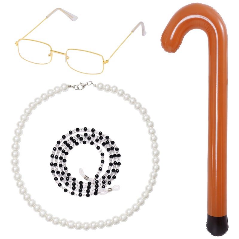 Dxhycc Old Lady Costume Set for 100 Day Granny Costume Accessories Eyeglasses Glasses Chain Necklace Inflatable Cane - Image 1