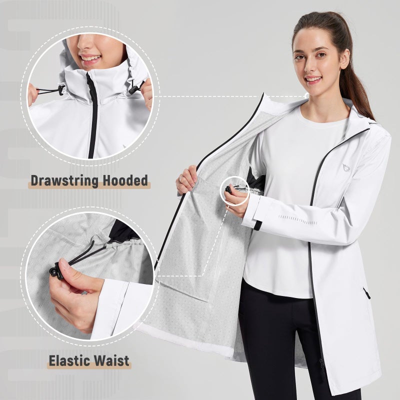 baleaf Women's Long Rain Coat Packable Waterproof Windbreaker Lightweight Cycling Jacket with Hood White L - Image 3