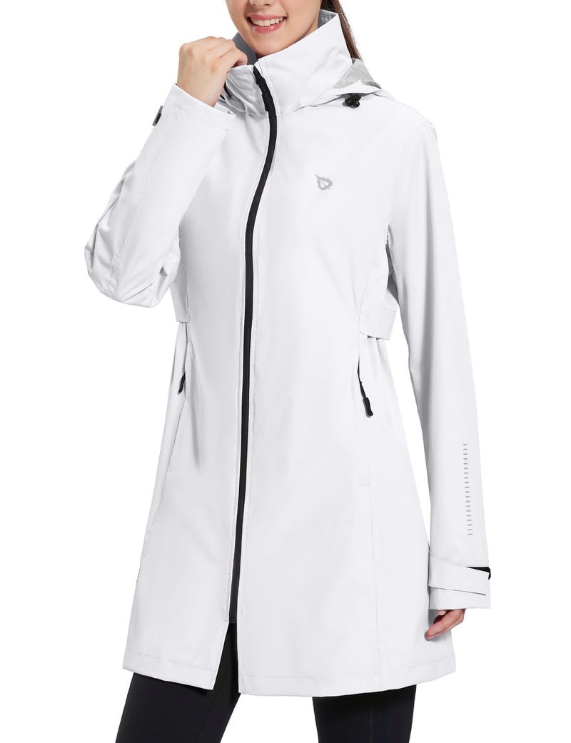 baleaf Women's Long Rain Coat Packable Waterproof Windbreaker Lightweight Cycling Jacket with Hood White L - Image 2