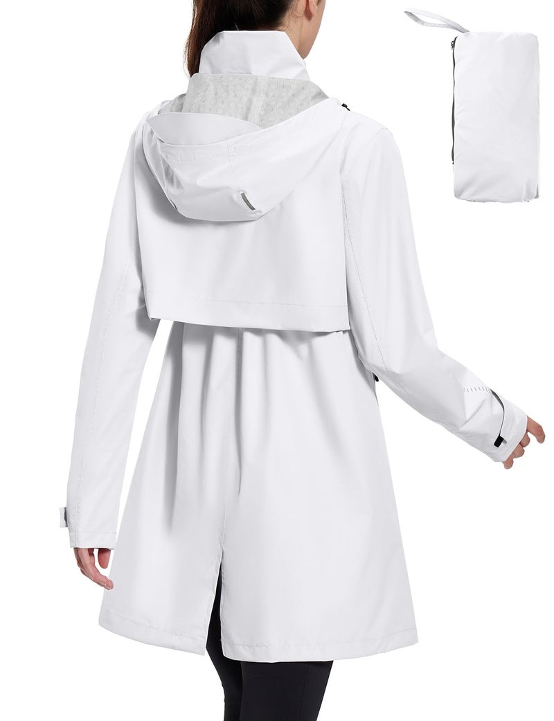 baleaf Women's Long Rain Coat Packable Waterproof Windbreaker Lightweight Cycling Jacket with Hood White L - Image 1