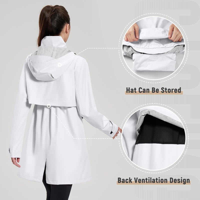 baleaf Women's Long Rain Coat Packable Waterproof Windbreaker Lightweight Cycling Jacket with Hood White L - Image 5