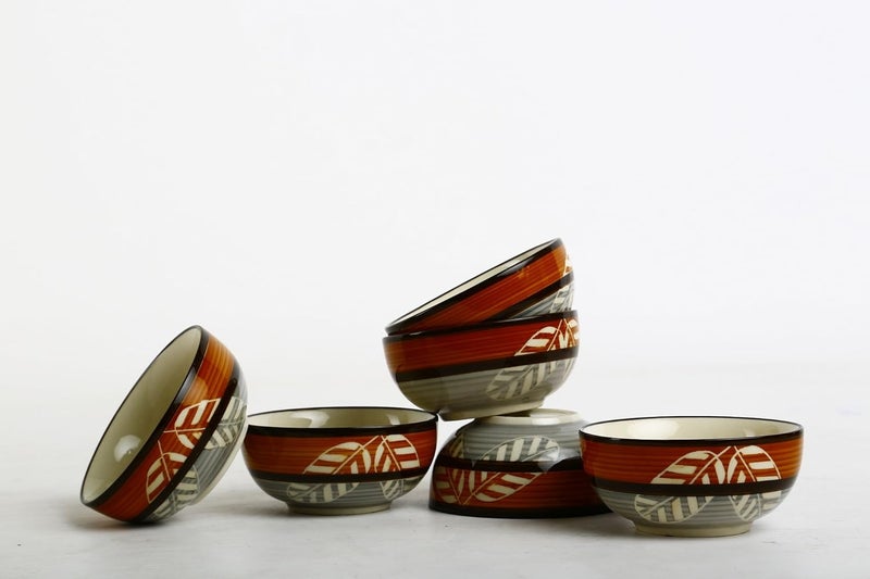 Caffeine Caffeine Ceramic Handmade Leaf Print Dining Bowl Set of 6 - Image 2