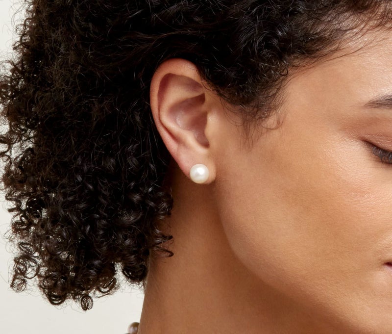 THE PEARL SOURCE Round White Freshwater Real Pearl Earrings for Women - 14k Gold Stud Earrings | Hypoallergenic Earrings with Genuine Cultured Pearls, 9.0-9.5mm - Image 2