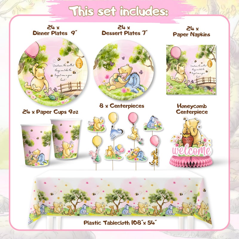 RainMeadow Premium 106 Pc Pink Winnie Baby Shower Decorations Girl â€“ Pink Winnie Party Supplies Tableware with Pooh Plates, Napkins, Cups, Tablecloth, Cupcake Toppers â€“ Baby Girl Pooh Baby Shower - Image 4