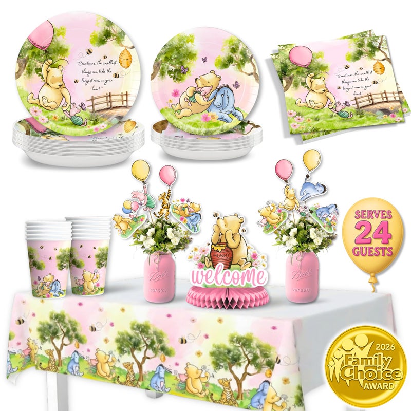 RainMeadow Premium 106 Pc Pink Winnie Baby Shower Decorations Girl â€“ Pink Winnie Party Supplies Tableware with Pooh Plates, Napkins, Cups, Tablecloth, Cupcake Toppers â€“ Baby Girl Pooh Baby Shower - Image 1