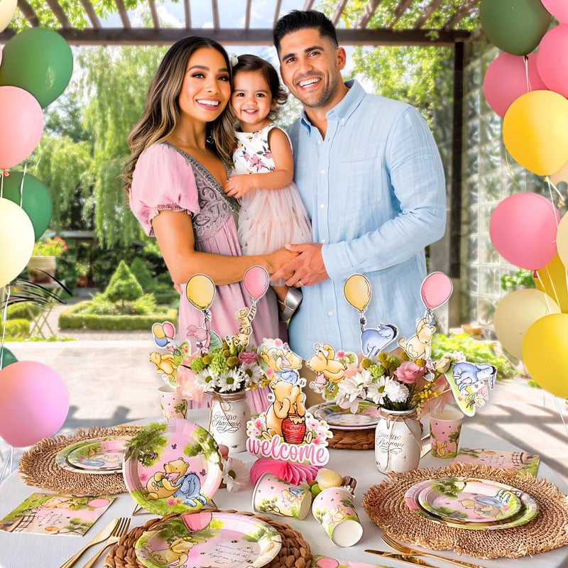 RainMeadow Premium 106 Pc Pink Winnie Baby Shower Decorations Girl â€“ Pink Winnie Party Supplies Tableware with Pooh Plates, Napkins, Cups, Tablecloth, Cupcake Toppers â€“ Baby Girl Pooh Baby Shower - Image 3