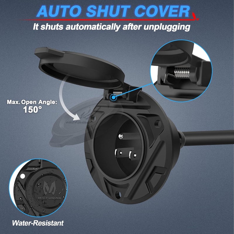 MICTUNING 10A-15A AC Port Plug, 125V Power Inlet Socket with Integrated 20-Inch Extension Cord & Waterproof Auto Shut Cover, Cable Clips & Screws - Black - Image 2