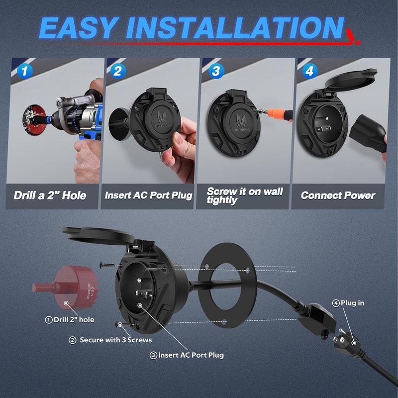 MICTUNING 10A-15A AC Port Plug, 125V Power Inlet Socket with Integrated 20-Inch Extension Cord & Waterproof Auto Shut Cover, Cable Clips & Screws - Black - Image 3
