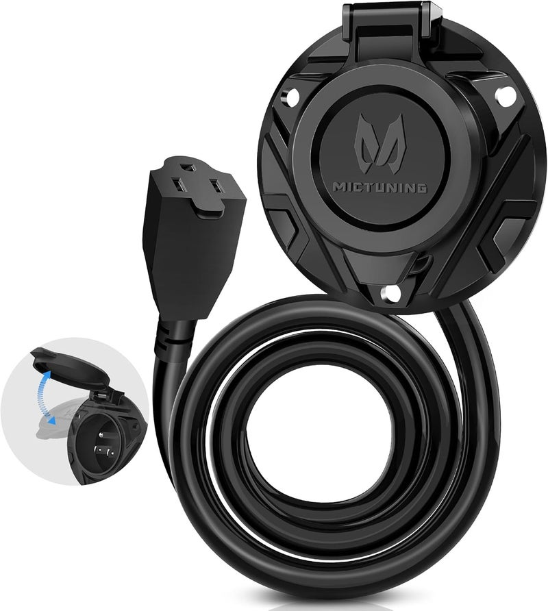 MICTUNING 10A-15A AC Port Plug, 125V Power Inlet Socket with Integrated 20-Inch Extension Cord & Waterproof Auto Shut Cover, Cable Clips & Screws - Black - Image 1