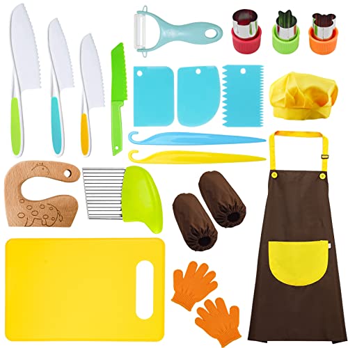 RISICULIS 21 Pieces Toddler Knife, Kids Knife Set Includes Wood Kids Safe Knife, Plastic Toddler Knife, Cutting Board, Apron, Chef Hat, Y Peeler, Crinkle Cutter, Cake Scraper, Gloves, Sandwich Cutter - Image 1