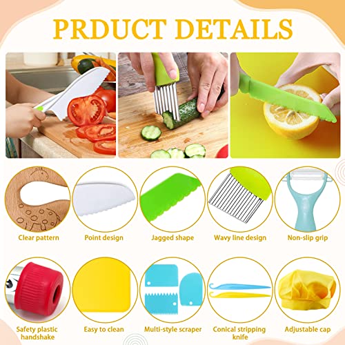RISICULIS 21 Pieces Toddler Knife, Kids Knife Set Includes Wood Kids Safe Knife, Plastic Toddler Knife, Cutting Board, Apron, Chef Hat, Y Peeler, Crinkle Cutter, Cake Scraper, Gloves, Sandwich Cutter - Image 3