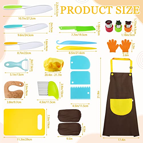 RISICULIS 21 Pieces Toddler Knife, Kids Knife Set Includes Wood Kids Safe Knife, Plastic Toddler Knife, Cutting Board, Apron, Chef Hat, Y Peeler, Crinkle Cutter, Cake Scraper, Gloves, Sandwich Cutter - Image 2