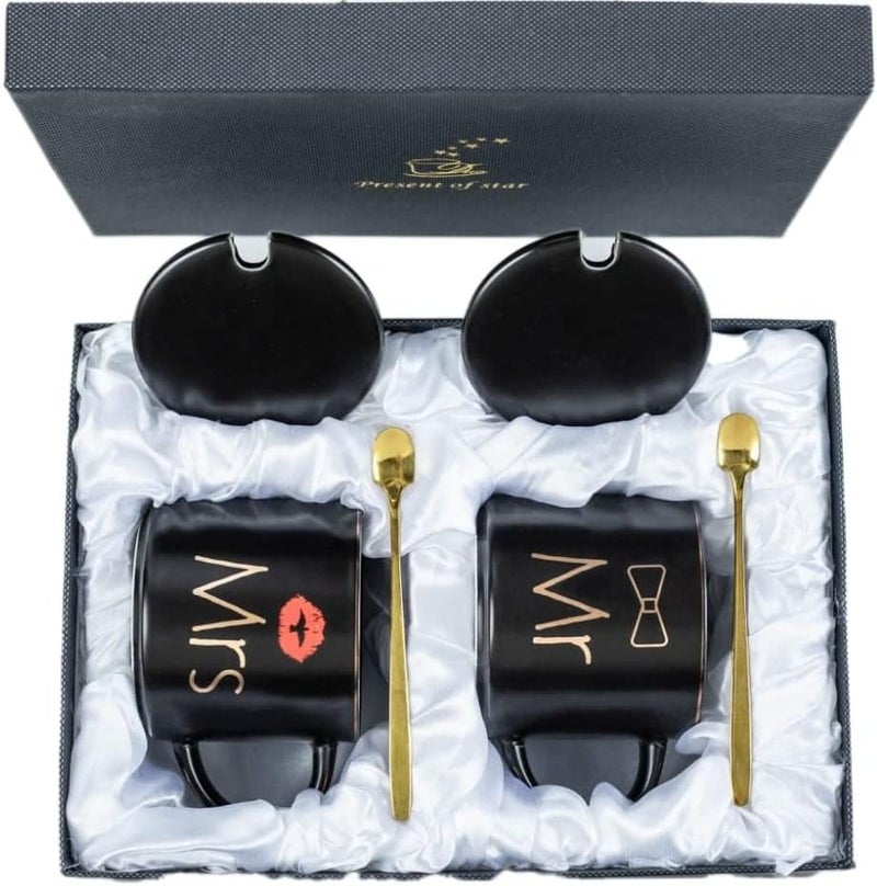DANEEN MR and MRS Mug Set, Coffee / Tea, Unique Gift Set for Couple, Parents, Wedding, Bridal, Engagement Gift, Ceramic Marble (Black) - Image 1