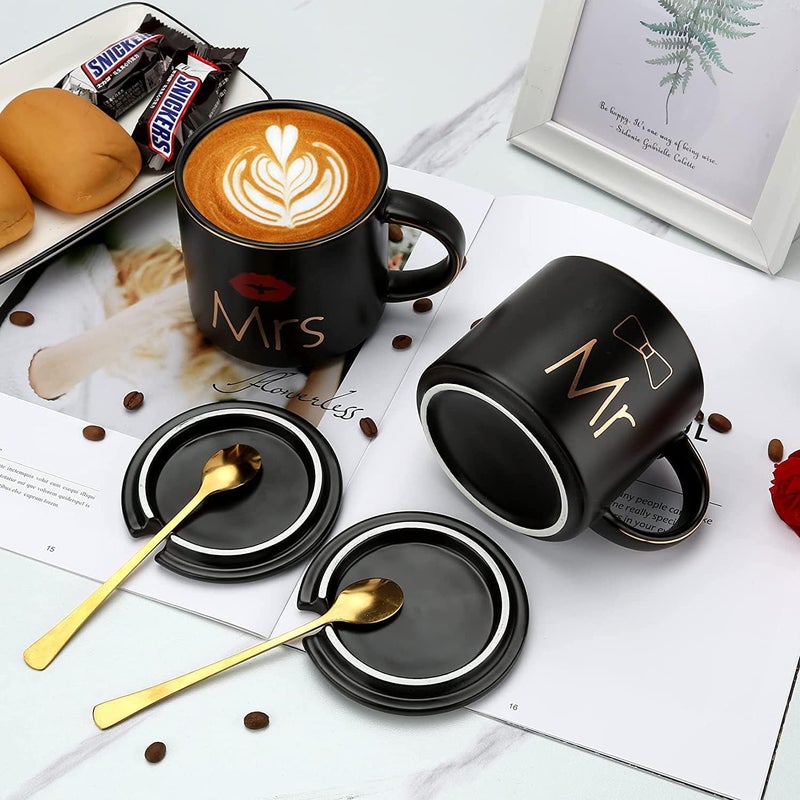 DANEEN MR and MRS Mug Set, Coffee / Tea, Unique Gift Set for Couple, Parents, Wedding, Bridal, Engagement Gift, Ceramic Marble (Black) - Image 2