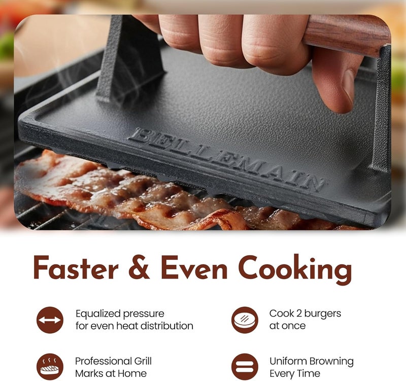Bellemain Bacon Press Rectangle | Heavy-Duty Cast Iron Grill Press for Perfectly Seared Bacon, Steak & Sandwiches | Equalized Weight Distribution - Image 3