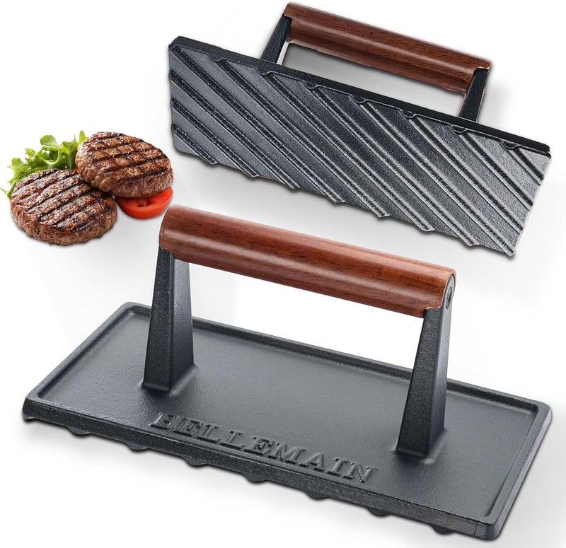 Bellemain Bacon Press Rectangle | Heavy-Duty Cast Iron Grill Press for Perfectly Seared Bacon, Steak & Sandwiches | Equalized Weight Distribution - Image 1