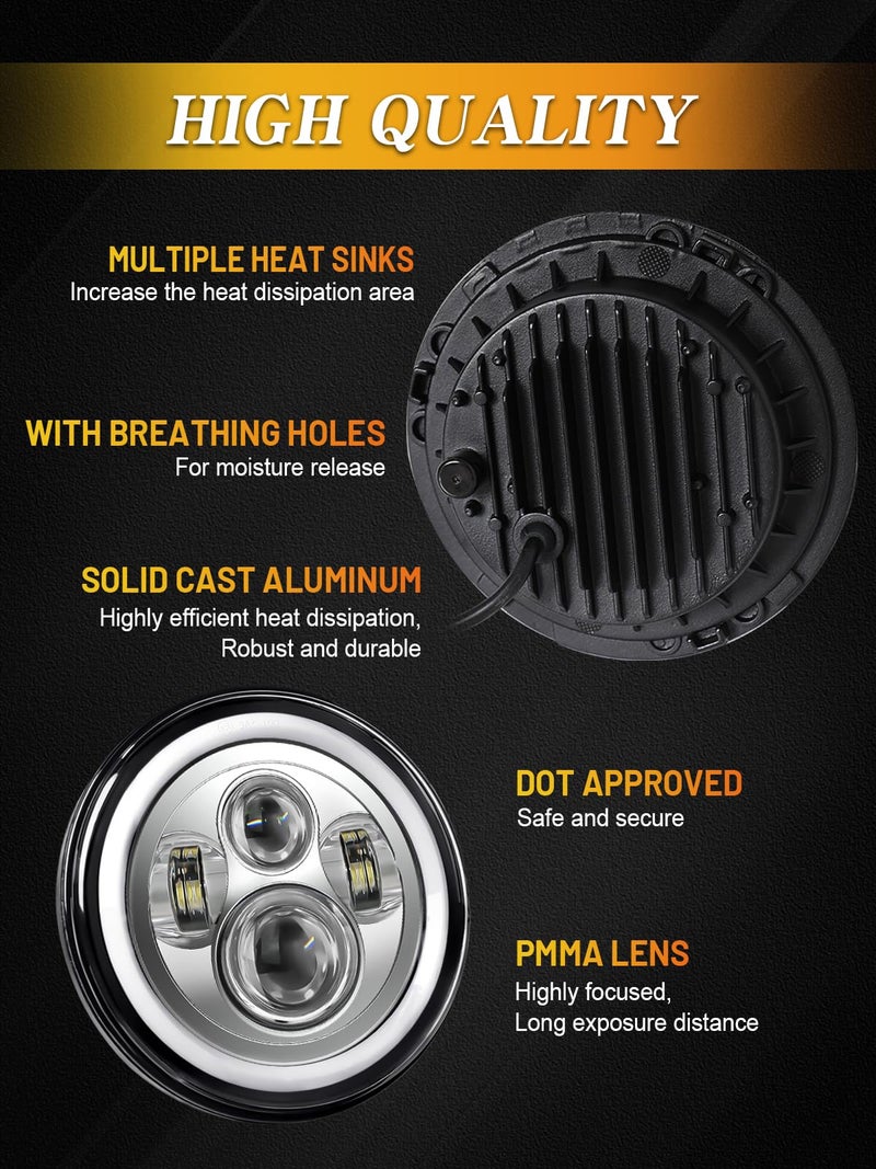 ZIMABLUE 7 inch led Headlight Chrome Round Projector 7 inch Halo led Headlight H6024 DOT Approved Hi/Lo Beam DRL Amber Turn Signal Compatible with Jeep Wrangler JK TJ CJ Compatible with Chevy miata - Image 4