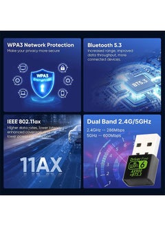 X-level Bluetooth Wireless USB WiFi Adapter, Mini WiFi 6 USB Adapter Dual Band 5GHz 600Mbps + 2.4GHz 286Mbps,USB Wireless Adapter for Desktop PC Laptop,Support Windows 11/10/7  - Image 2