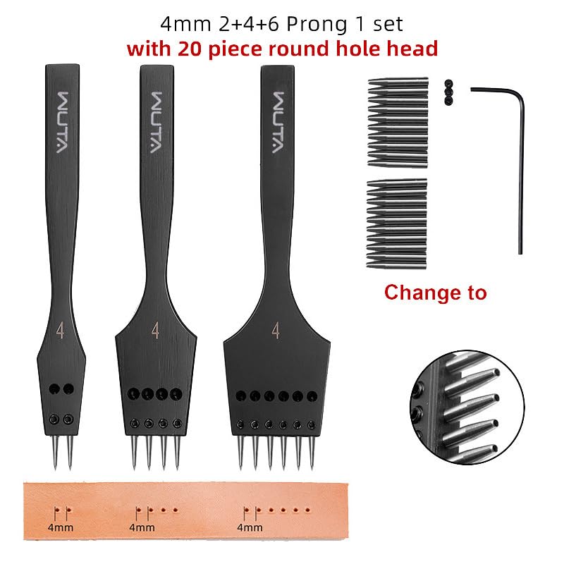 WUTA Removable Leather Hole Punch Lacing Stitching Professional Working Hand Tool Kit Round Hole Puncher Craft Chisel Cutting Punches Kits 2nd Gen 4mm-(2+4+6) - Image 2