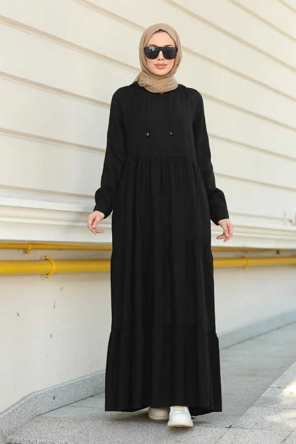 Neways 6531-KREP Hooded Raglan Sleeve Dress Black