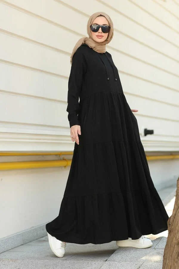 Neways 6531-KREP Hooded Raglan Sleeve Dress Black