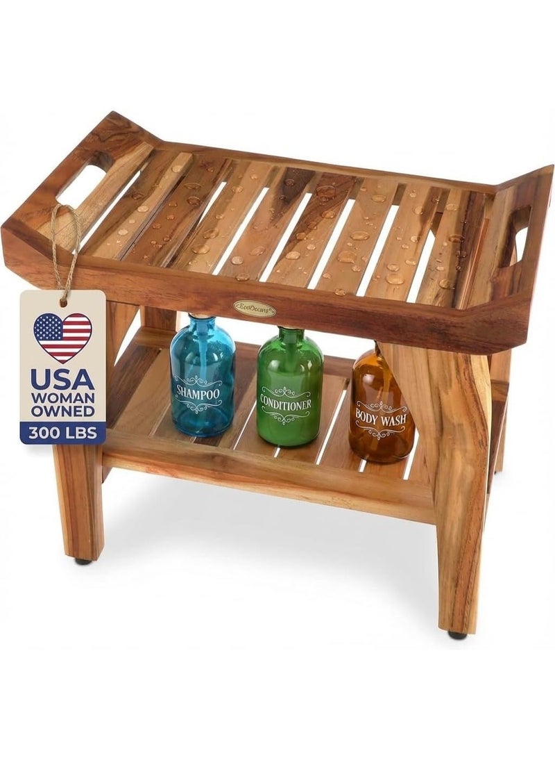 24-inch, natural wood, teak shower seat, wooden shower chair, wooden shower stool, bathroom seat, waterproof shower seat - Image 1