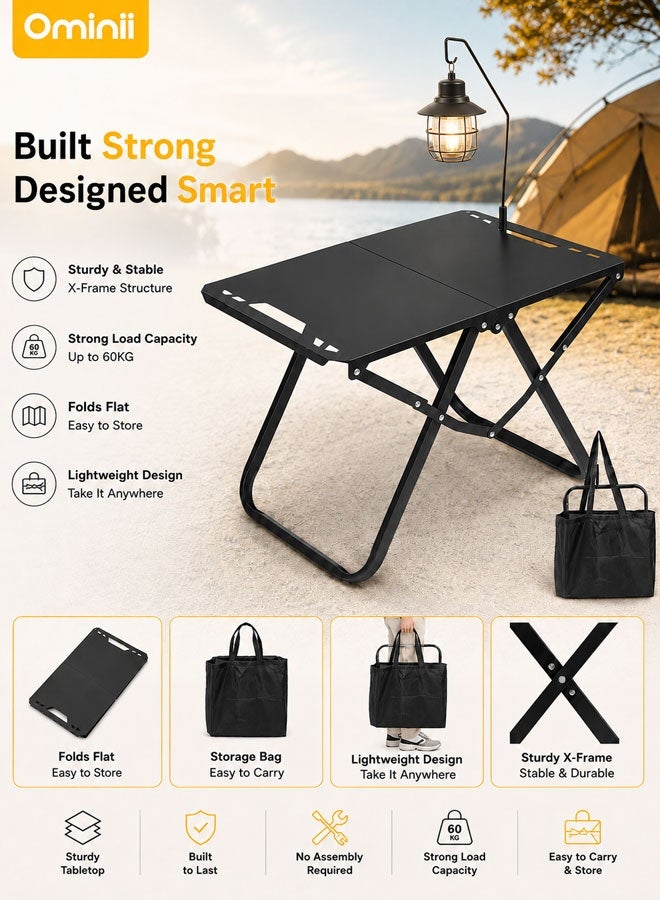 Ominii Portable Folding Camping Table with Lamp Stand, 60kg Capacity, Carbon Steel Frame & Carry Bag - Image 1