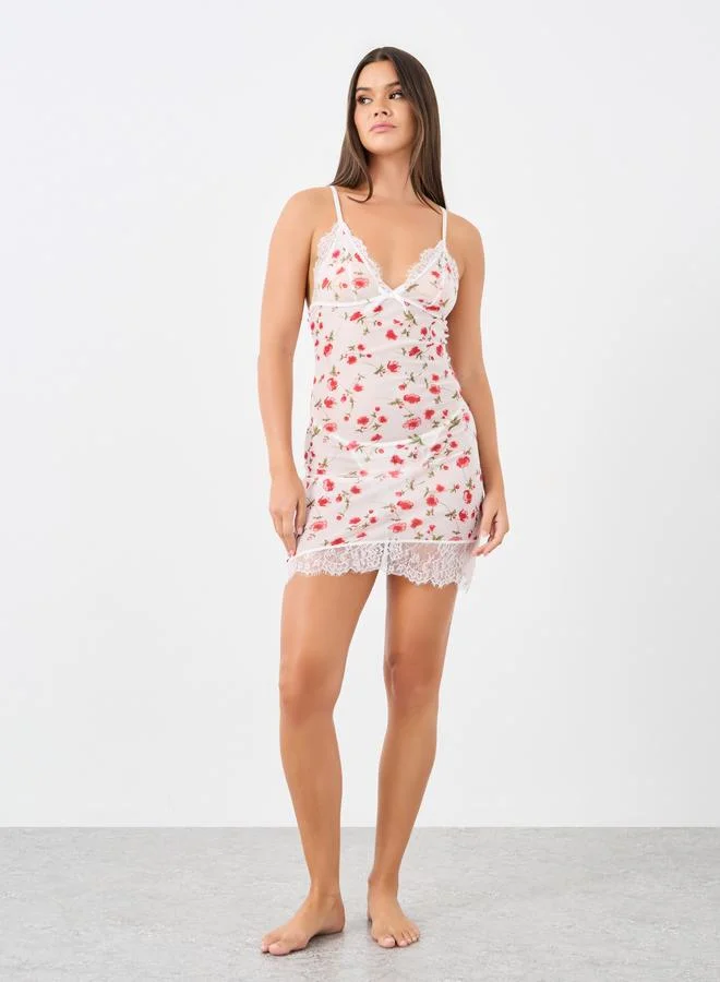 Styli Styli Floral Print Slip Dress with Lace Edge and Thong Set